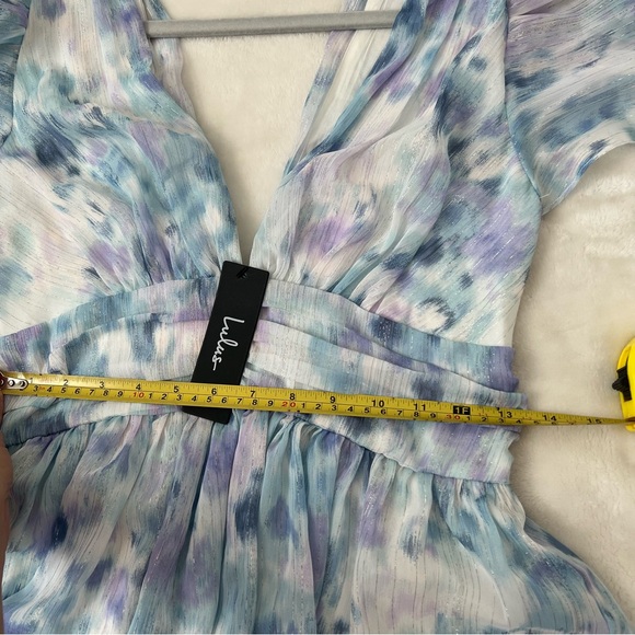 Sunny Evenings Blue Multi Lurex Flutter Sleeve Mini Dress Lulus medium - Picture 9 of 9